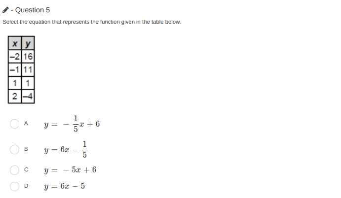 - Question 5
Select the equation that represents the function given in the table below.
|-2|16
|-111
|11
2 -4
1
y =
A
5* + 6
1
Y = 6x
B
y = - 5x + 6
y = 6x – 5
