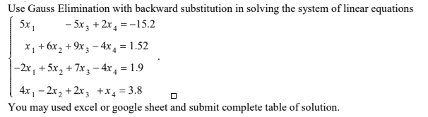 Use Gauss Elimination with backward substitution in solving the system of linear equations
5x 1
- 5x, + 2x, = -15.2
x, + 6x, + 9x - 4x4 = 1.52
1.9
|-2x, + 5x, + 7x3 - 4x 4 =
4x, – 2x, + 2x; +x4 = 3.8
You may used excel or google sheet and submit complete table of solution.
