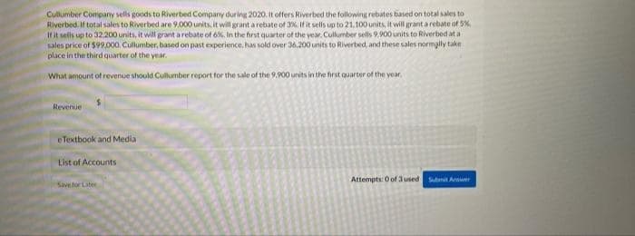 Cullumber Company sells goods to Riverbed Company during 2020. It offers Riverbed the following rebates based on total sales to
Riverbed. If total sales to Riverbed are 9,000 units, it will grant arebate of 3%. If it sells up to 21.100 units, it will grant a rebate of 5%.
If it sells up to 32,200 units, it will grant a rebate of 6%, In the first quarter of the year. Culumber sells 9,900 units to Riverbed at a
sales price of $99,000. Cullumber, based on past experience, has sold over 36,200 units to Riverbed, and these sales normally take
place in the third quarter of the year.
What amount of revenue should Cullumber report for the sale of the 9,900 units in the first quarter of the year.
Reverue
eTextbook and Media
List of Accounts
Attempts: 0 of 3 used Submit Arawer
Savefor Later
