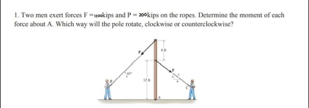1. Two men exert forces F=130okips and P 200kips on the ropes. Determine the moment of each
force about A. Which way will the pole rotate, clockwise or counterclockwise?
%3D
6ft
45
12 ft
