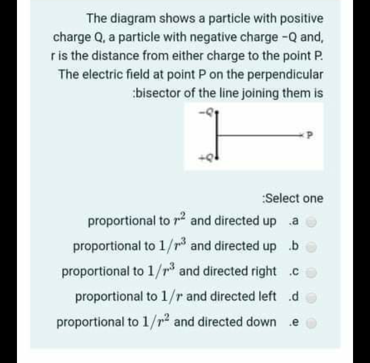 The diagram shows a particle with positive
charge Q, a particle with negative charge -Q and,
ris the distance from either charge to the point P.
The electric field at point P on the perpendicular
:bisector of the line joining them is
:Select one
proportional to r and directed up a
proportional to 1/r and directed up b
proportional to 1/r and directed right .c
proportional to 1/r and directed left .d
proportional to 1/r and directed down
