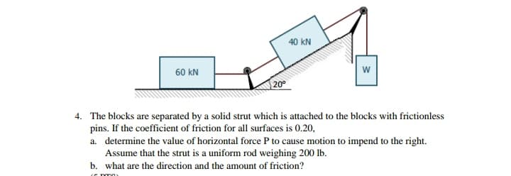40 kN
60 kN
w
20°
4. The blocks are separated by a solid strut which is attached to the blocks with frictionless
pins. If the coefficient of friction for all surfaces is 0.20,
a. determine the value of horizontal force P to cause motion to impend to the right.
Assume that the strut is a uniform rod weighing 200 lb.
b. what are the direction and the amount of friction?
