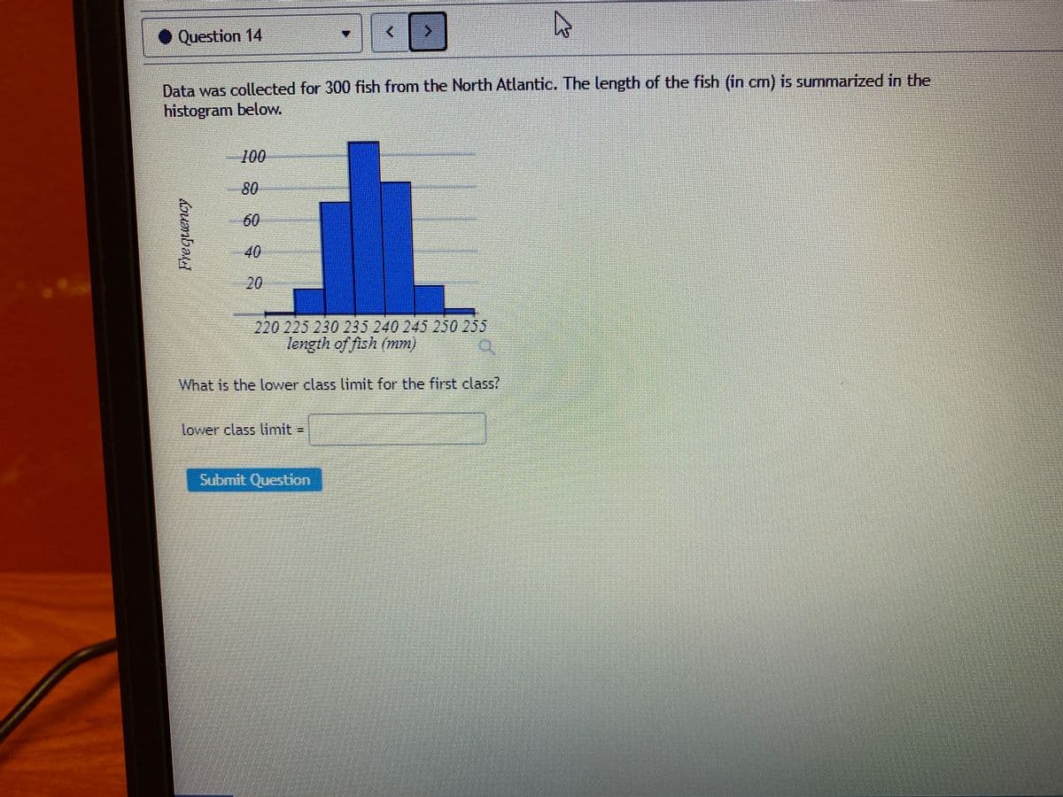 • Question 14
Data was collected for 300 fish from the North Atlantic. The length of the fish (in cm) is summarized in the
histogram below.
100
80
60
40
20
220225 230235 240 245 250 255
length of fish (mm)
What is the lower class limit for the first class?
lower class limit
ముయt Qucstcn
