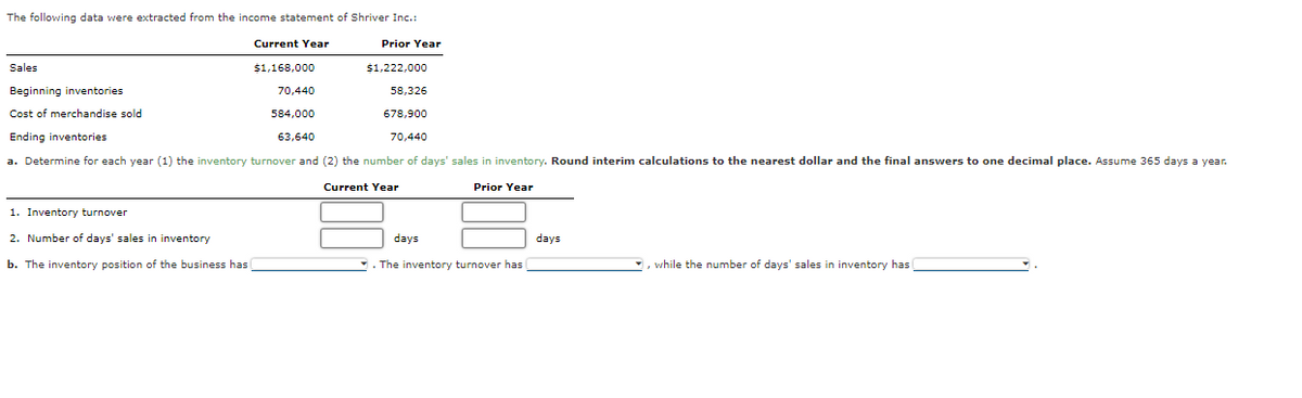 The following data were extracted from the income statement of Shriver Inc.:
Current Year
Prior Year
Sales
$1,168,000
$1,222,000
Beginning inventories
70,440
58,326
Cost of merchandise sold
584,000
678,900
Ending inventories
63,640
70,440
a. Determine for each year (1) the inventory turnover and (2) the number of days' sales in inventory. Round interim calculations to the nearest dollar and the final answers to one decimal place. Assume 365 days a year.
Current Year
Prior Year
1. Inventory turnover
2. Number of days' sales in inventory
days
days
b. The inventory position of the business has
The inventory turnover has
while the number of days' sales in inventory has
