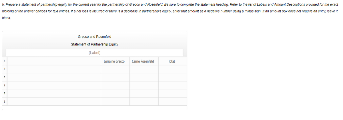 b. Prepare a statement of partnership equity for the current year for the partnership of Grecco and Rosenfeld. Be sure to complete the statement heading. Refer to the list of Labels and Amount Descriptions provided for the exact
wording of the answer choices for text entries. If a net loss is incurred or there is a decrease in partnership's equity, enter that amount as a negative number using a minus sign. If an amount box does not require an entry, leave it
blank.
Grecco and Rosenfeld
Statement of Partnership Equity
(Label)
1
Lorraine Grecco
Carrie Rosenfeld
Total
4
5
6
