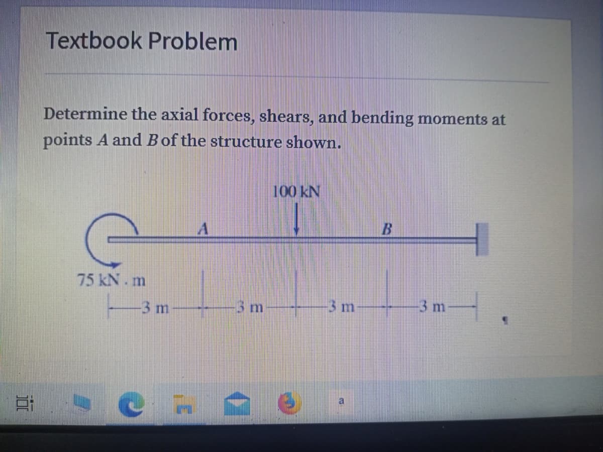 Textbook Problem
Determine the axial forces, shears, and bending moments at
points A and Bof the structure shown.
100 kN
75 kN. m
3 m
3m
3m
-3 m
日
