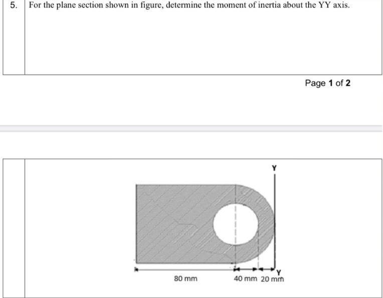 5. For the plane section shown in figure, determine the moment of inertia about the YY axis.
Page 1 of 2
80 mm
40 mm 20 mim

