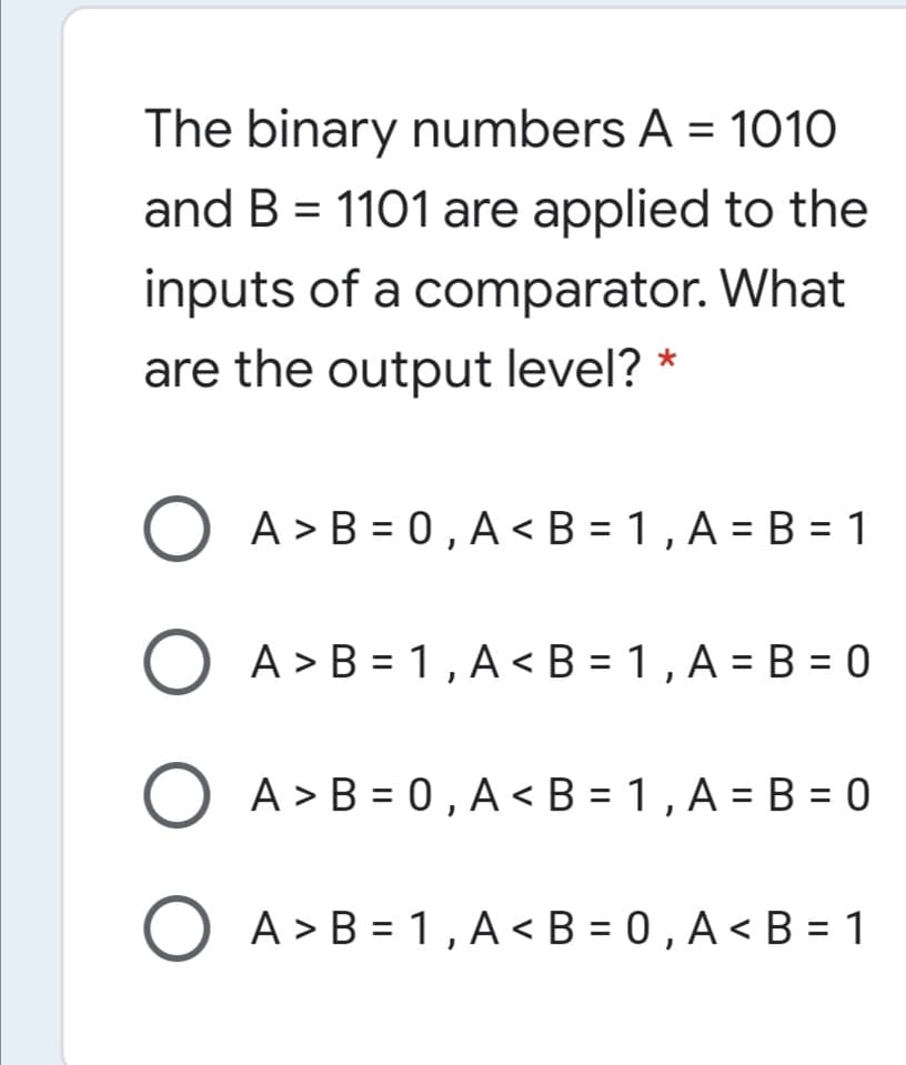 The binary numbers A = 101O
and B = 1101 are applied to the
inputs of a comparator. What
