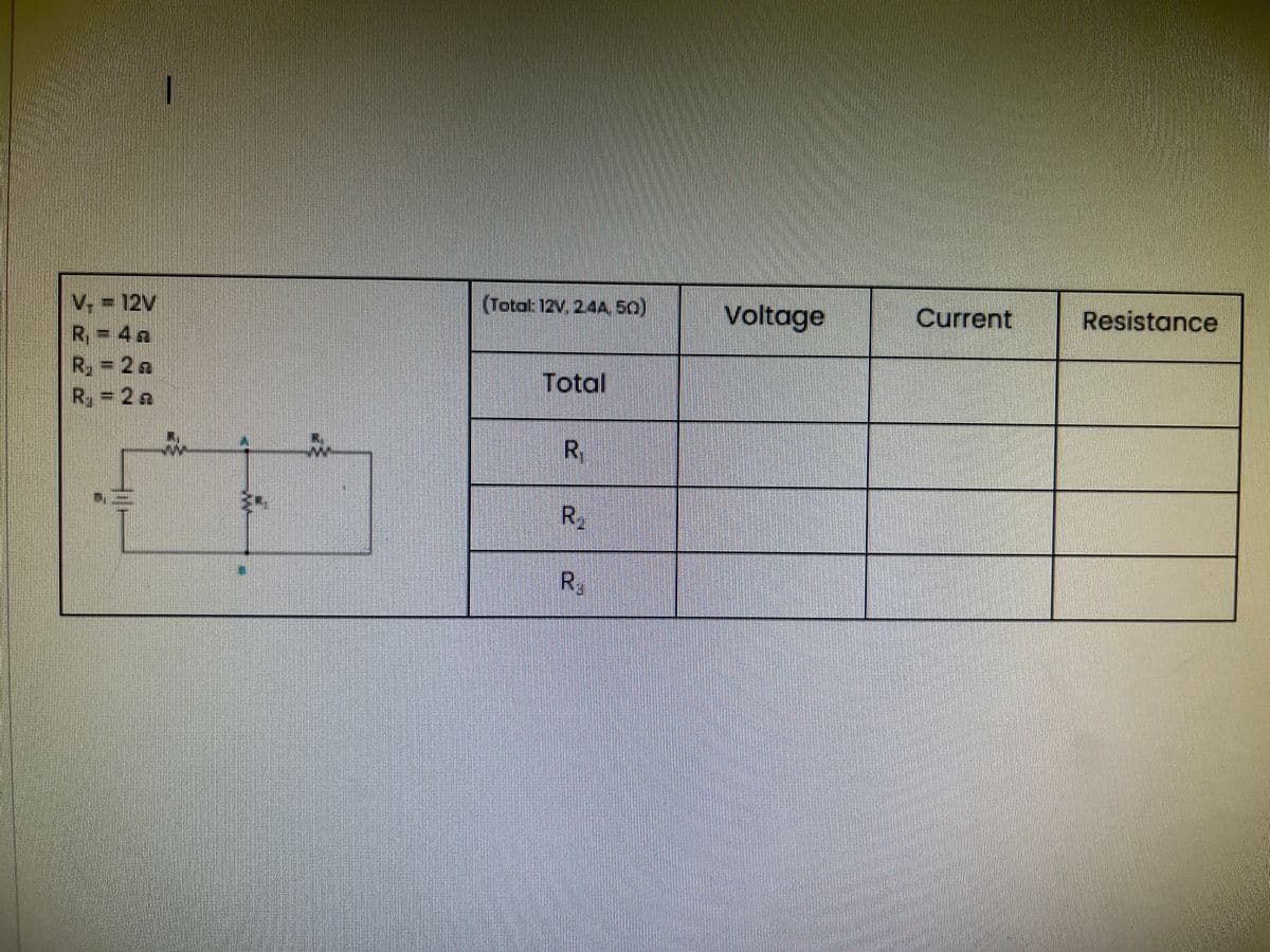 V. = 12V
R₁ = 42
R₂ = 2a
R, = 2 a
L
IN
(Total: 12V, 24A, 50)
Total
R₁
R₁
R
Voltage
Current
Resistance