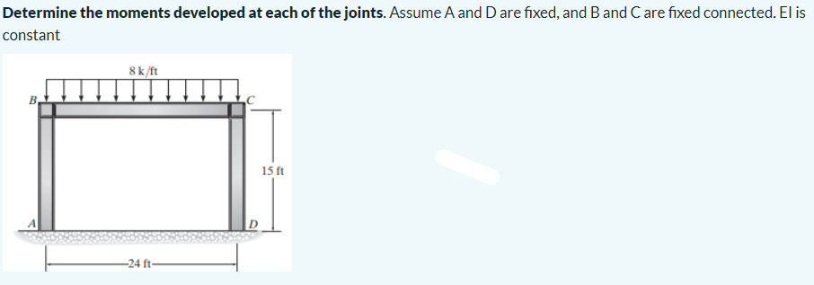 Determine the moments developed at each of the joints. Assume A and D are fixed, and B and Care fixed connected. El is
constant
8 k/ft
-24 ft-
15 ft