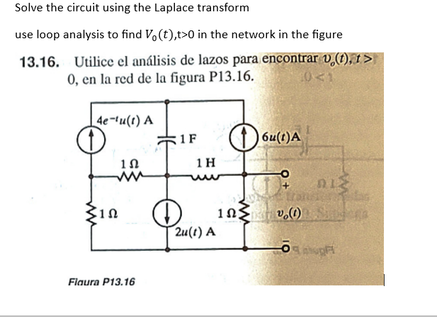 Solve the circuit using the Laplace transform
use loop analysis to find Vo(t),t>0 in the network in the figure
13.16. Utilice el análisis de lazos para encontrar v (1), t>
0, en la red de la figura P13.16.
4e-tu(t) A
O
{10
1 Ω
19
Flaura P13.16
1 F
+
1 H
in
2u(1) A
6u(1)A
nis
transienlar
v. S