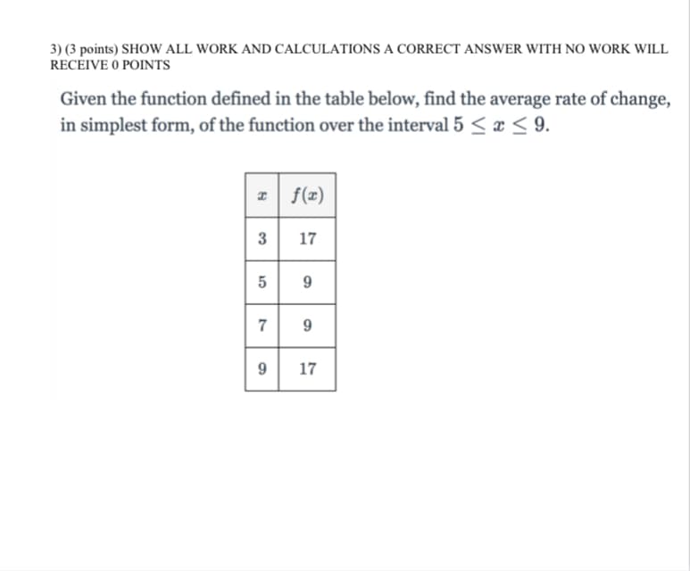 3) (3 points) SHOW ALL WORK AND CALCULATIONS A CORRECT ANSWER WITH NO WORK WILL
RECEIVE O POINTS
Given the function defined in the table below, find the average rate of change,
in simplest form, of the function over the interval 5 < ¤ < 9.
z f(x)
3
17
5 9
7
9
17
