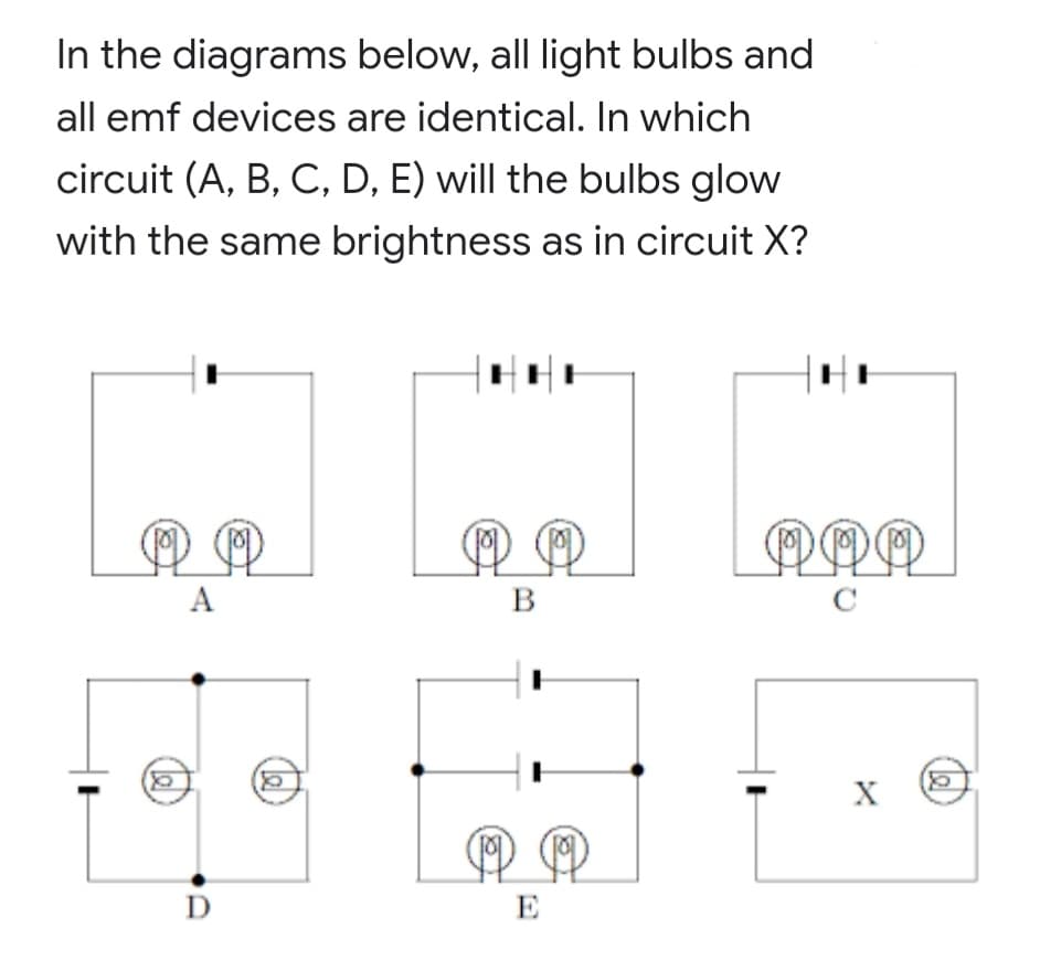 In the diagrams below, all light bulbs and
all emf devices are identical. In which
circuit (A, B, C, D, E) will the bulbs glow
with the same brightness as in circuit X?
PPA
A
B
C
X
D
E
