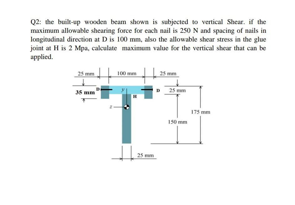 Q2: the built-up wooden beam shown is subjected to vertical Shear. if the
maximum allowable shearing force for each nail is 250 N and spacing of nails in
longitudinal direction at D is 100 mm, also the allowable shear stress in the glue
joint at H is 2 Mpa, calculate maximum value for the vertical shear that can be
applied.
25 mm
100 mm
25 mm
35 mm "
25 mm
D
H
175 mm
150 mm
25 mm
