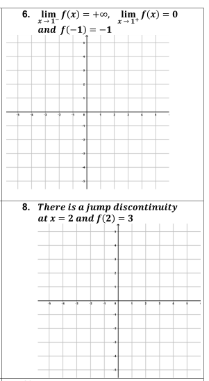 6. lim f(x) = +, lim f(x) = 0
*- 1-
X- 1+
and f(-1) = -1
8. There is a jump discontinuity
at x = 2 and f(2) = 3
