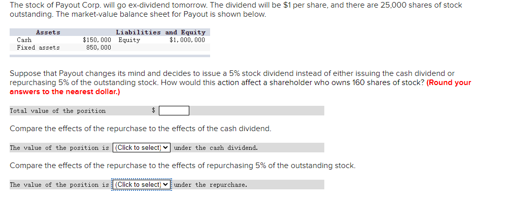 The stock of Payout Corp. will go ex-dividend tomorrow. The dividend will be $1 per share, and there are 25,000 shares of stock
outstanding. The market-value balance sheet for Payout is shown below.
Liabilities and Equity
$1, 000, 000
Assets
Cash
Fixed assets
$150, 000 Equity
850, 000
Suppose that Payout changes its mind and decides to issue a 5% stock dividend instead of either issuing the cash dividend or
repurchasing 5% of the outstanding stock. How would this action affect a shareholder who owns 160 shares of stock? (Round your
answers to the nearest dollar.)
Total value of the position
Compare the effects of the repurchase to the effects of the cash dividend.
The value of the position is (Click to select) v under the cash dividend.
Compare the effects of the repurchase to the effects of repurchasing 5% of the outstanding stock.
The value of the position is: (Click to select) v under the repurchase.
.......................
