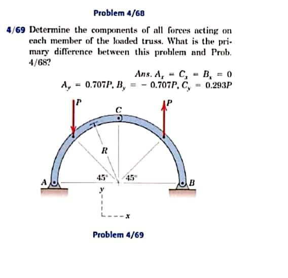 Problem 4/68
4/69 Determine the components of all forces acting on
each member of the loaded truss., What is the pri-.
mary difference between this problem and Prob.
4/68?
Ans. A, 3D C, 3D в, 3 0
A, = 0.707P, B, = - 0.707P, C, = 0.293P
R
45
45°
y
Problem 4/69
