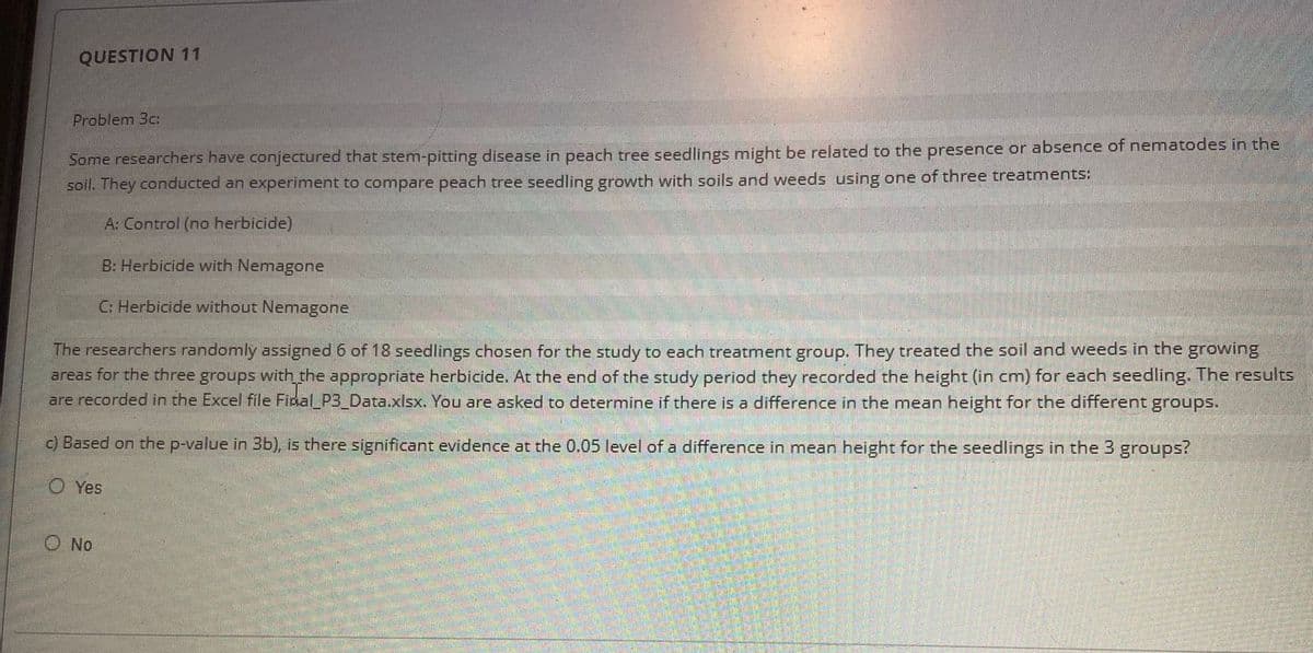 QUESTION 11
Problem 3c:
Some researchers have conjectured that stem-pitting disease in peach tree seedlings might be related to the presence or absence of nematodes in the
soil. They conducted an experiment to compare peach tree seedling growth with soils and weeds using one of three treatments:
A: Control (no herbicide)
B: Herbicide with Nemagone
C: Herbicide without Nemagone
The researchers randomly assigned 6 of 18 seedlings chosen for the study to each treatment group. They treated the soil and weeds in the growing
areas for the three groups with the appropriate herbicide. At the end of the study period they recorded the height (in cm) for each seedling. The results
are recorded in the Excel file Fidal_P3_Data.xlsx. You are asked to determine if there is a difference in the mean height for the different groups.
c) Based on the p-value in 3b), is there significant evidence at the 0.05 level of a difference in mean height for the seedlings in the 3 groups?
O Yes
O No
