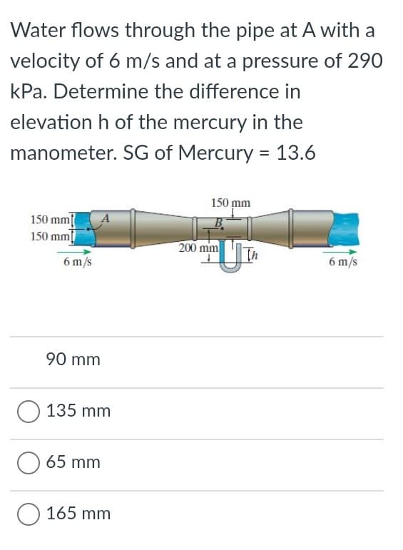 Water flows through the pipe at A with a
velocity of 6 m/s and at a pressure of 290
kPa. Determine the difference in
elevation h of the mercury in the
manometer. SG of Mercury = 13.6
150 mm
150 mm
150 mm
200 mm
6 m/s
Th
6 m/s
90 mm
О 135 mm
O 65 mm
O 165 mm
