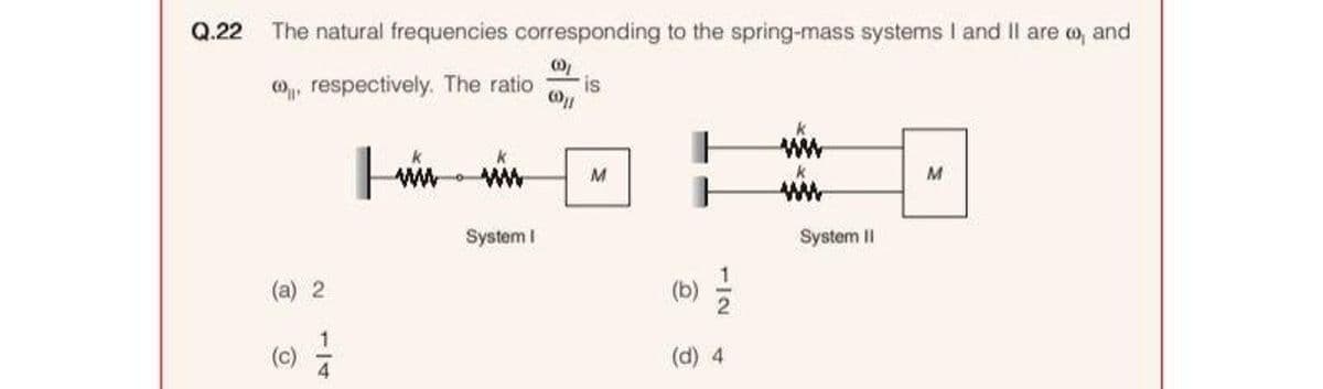 Q.22
The natural frequencies corresponding to the spring-mass systems I and Il are o, and
o, respectively. The ratio
is
ww
System I
System II
(a) 2
(b)
(c)
(d) 4
1/4
