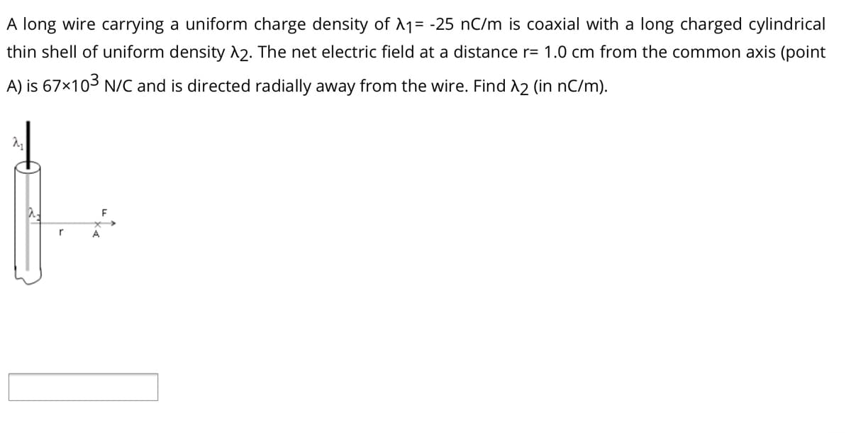 A long wire carrying a uniform charge density of A1= -25 nC/m is coaxial with a long charged cylindrical
thin shell of uniform density 12. The net electric field at a distance r= 1.0 cm from the common axis (point
A) is 67x103 N/C and is directed radially away from the wire. Find 12 (in nC/m).
F
