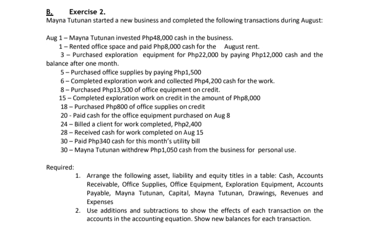 Exercise 2.
B.
Mayna Tutunan started a new business and completed the following transactions during August:
Aug 1- Mayna Tutunan invested Php48,000 cash in the business.
1- Rented office space and paid Php8,000 cash for the August rent.
3 - Purchased exploration equipment for Php22,000 by paying Php12,000 cash and the
balance after one month.
5- Purchased office supplies by paying Php1,500
6- Completed exploration work and collected Php4,200 cash for the work.
8- Purchased Php13,500 of office equipment on credit.
15 - Completed exploration work on credit in the amount of Php8,000
18 – Purchased Php800 of office supplies on credit
20 - Paid cash for the office equipment purchased on Aug 8
24 – Billed a client for work completed, Php2,400
28 – Received cash for work completed on Aug 15
30 – Paid Php340 cash for this month's utility bill
30 – Mayna Tutunan withdrew Php1,050 cash from the business for personal use.
Required:
1. Arrange the following asset, liability and equity titles in a table: Cash, Accounts
Receivable, Office Supplies, Office Equipment, Exploration Equipment, Accounts
Payable, Mayna Tutunan, Capital, Mayna Tutunan, Drawings, Revenues and
Еxpenses
2. Use additions and subtractions to show the effects of each transaction on the
accounts in the accounting equation. Show new balances for each transaction.
