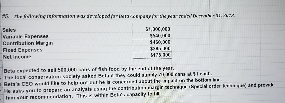 #5. The following information was developed for Beta Company for the year ended December 31, 2018.
$1,000,000
$540,000
$460,000
$285,000
$175,000
Sales
Variable Expenses
Contribution Margin
Fixed Expenses
Net Income
Beta expected to sell 500,000 cans of fish food by the end of the year.
The local conservation society asked Beta if they could supply 70,000 cans at $1 each.
S Beta's CEO would like to help out but he is concerned about the impact on the bottom line.
7 He asks you to prepare an analysis using the contribution margin technique (Special order technique) and provide
Bhim your recommendation. This is within Beta's capacity to fill.

