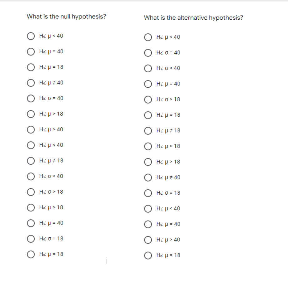 What is the null hypothesis?
What is the alternative hypothesis?
Ho μ < 40
Ho: µ < 40
Ho μ- 40
Ha σE 40
Ο H: μΕ 18
H: σ< 40
Ο Hμ#40
H: μ= 40
Ο H& σ= 40
H: σ> 18
Ο H: μ 18
H: μ= 18
Hi: μ > 40
H: μ+ 18
Ο H: μ< 40
H:: p > 18
Ο H: μέ 18
H μ>18
H: σ< 40
Ho: H # 40
Ο H: σ> 18
Ha: σ 18
Ho: μ >18
H:: μ< 40
H: μ= 40
Ho μ- 40
Ο H& σ= 18
H: μ > 40
Ο Hεμε 18
H μ= 18
|
