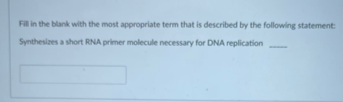 Fill in the blank with the most appropriate term that is described by the following statement:
Synthesizes a short RNA primer molecule necessary for DNA replication
