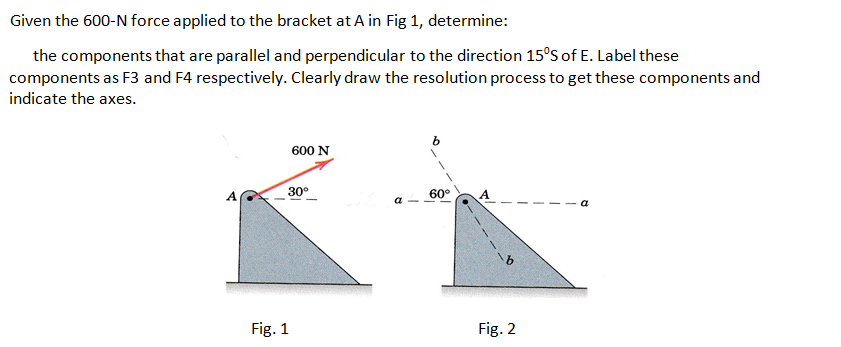 Given the 600-N force applied to the bracket at A in Fig 1, determine:
