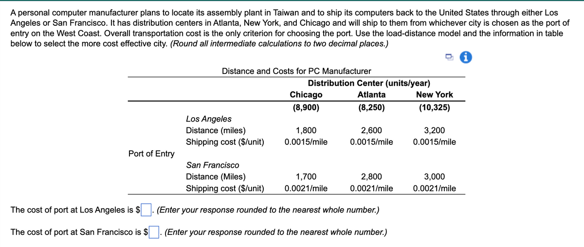 A personal computer manufacturer plans to locate its assembly plant in Taiwan and to ship its computers back to the United States through either Los
Angeles or San Francisco. It has distribution centers in Atlanta, New York, and Chicago and will ship to them from whichever city is chosen as the port of
entry on the West Coast. Overall transportation cost is the only criterion for choosing the port. Use the load-distance model and the information in table
below to select the more cost effective city. (Round all intermediate calculations to two decimal places.)
Port of Entry
The cost of port at Los Angeles is $
The cost of port at San Francisco is $
Distance and Costs for PC Manufacturer
Los Angeles
Distance (miles)
Shipping cost ($/unit)
Distribution Center (units/year)
Atlanta
(8,250)
Chicago
(8,900)
1,800
0.0015/mile
2,600
0.0015/mile
San Francisco
Distance (Miles)
Shipping cost ($/unit)
(Enter your response rounded to the nearest whole number.)
(Enter your response rounded to the nearest whole number.)
1,700
0.0021/mile
2,800
0.0021/mile
New York
(10,325)
3,200
0.0015/mile
3,000
0.0021/mile
