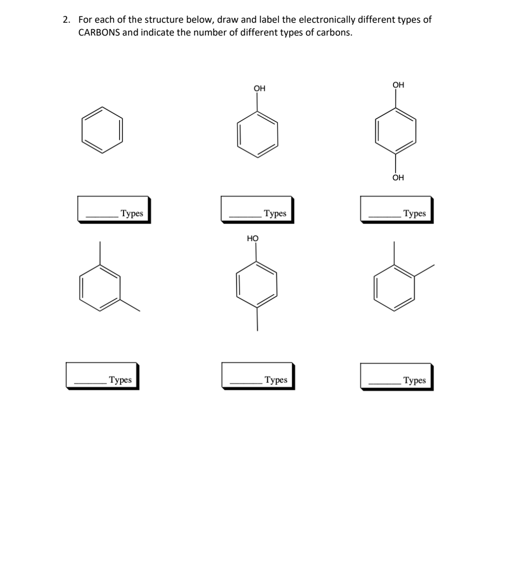 2. For each of the structure below, draw and label the electronically different types of
CARBONS and indicate the number of different types of carbons.
OH
OH
OH
Турes
Турes
Турes
HO
Туpes
Турes
Туpes
