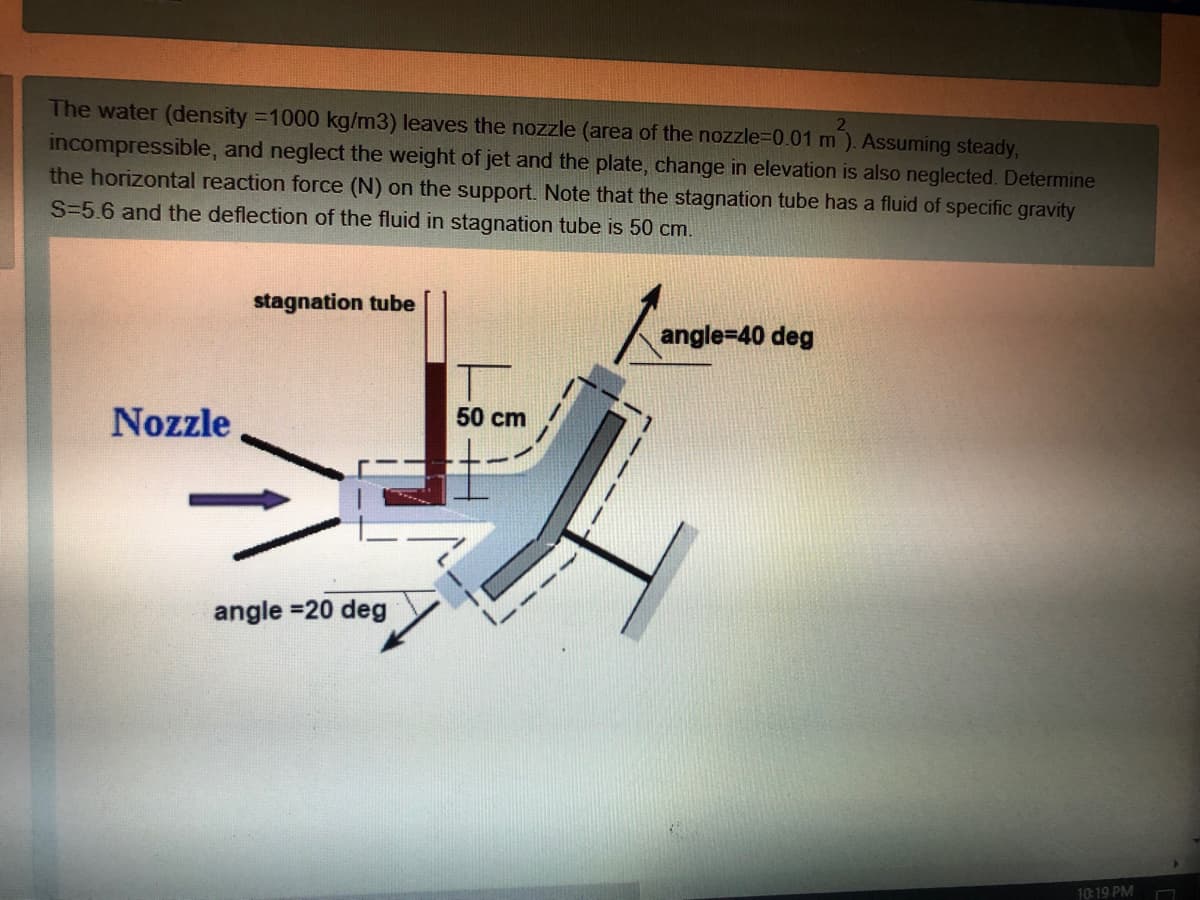 The water (density =1000 kg/m3) leaves the nozzle (area of the nozzle%3D0.01 m ). Assuming steady,
incompressible, and neglect the weight of jet and the plate, change in elevation is also neglected. Determine
the horizontal reaction force (N) on the support. Note that the stagnation tube has a fluid of specific gravity
S-5.6 and the deflection of the fluid in stagnation tube is 50 cm.
2
stagnation tube
angle=40 deg
Nozzle
50 cm
angle =20 deg
10:19 PM
