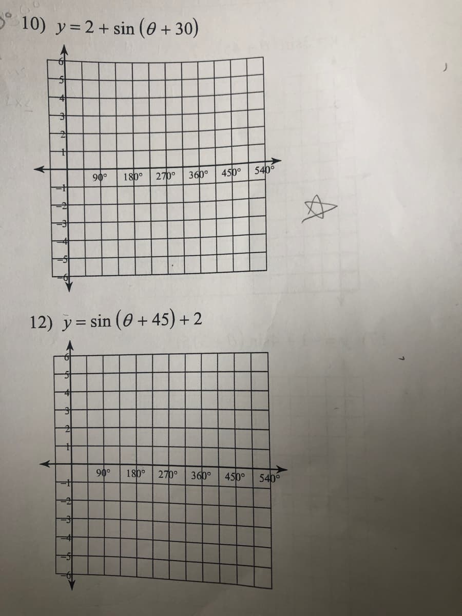 5 ° 10) y = 2 + sin (0 + 30 )
90° 180° 270° 360° 450°
2
12) y = sin (0 + 45 ) + 2
=+
90° 180° 270° 360° 450°
540
540°
A