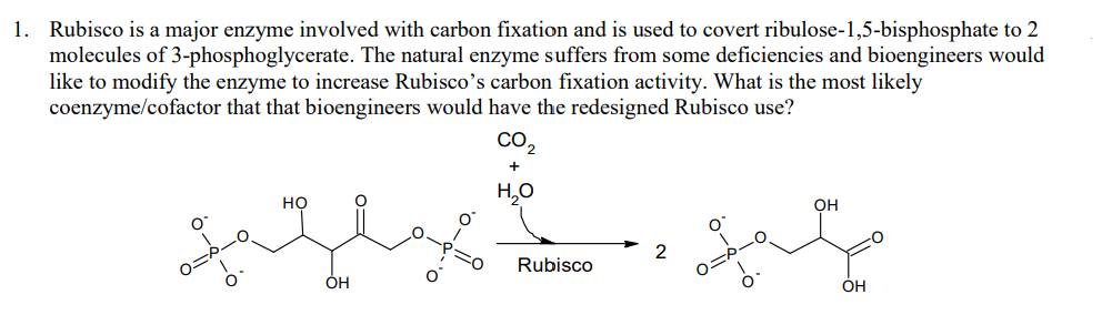 1. Rubisco is a major enzyme involved with carbon fixation and is used to covert ribulose-1,5-bisphosphate to 2
molecules of 3-phosphoglycerate. The natural enzyme suffers from some deficiencies and bioengineers would
like to modify the enzyme to increase Rubisco's carbon fixation activity. What is the most likely
coenzyme/cofactor that that bioengineers would have the redesigned Rubisco use?
CO2
+
H,O
он
но
2
Rubisco
OH
ÓH
