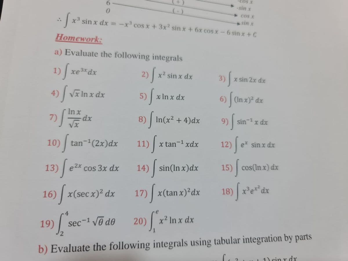 -COS X
-sin x
6.
(-)
CoS X
sin x
x3 sin x dx = -x cos x+3x2 sin x + 6x cos x-6 sin x +C
Homework:
a) Evaluate the following integrals
1)
xe3x dx
2) x2 sin x dx
3) x sin 2x dx
4) Vx In x dx
5)f
x In x dx
6) (In x)² dx
In x
dx
8) In(x2 + 4)dx
9) sin-1x dx
10) tan-(2x)dx
11)
x tan-1 xdx
12) ex sin x dx
13)|
14) | sin(ln x)dx
15) cos(In x) dx
e2x cos 3x dx
17) x(tan x)²dx
18) x e**dx
16) | x(sec x)² dx
e
4
.
20)|
x² In x dx
19)
sec-1 Vo de
b) Evaluate the following integrals using tabular integration by parts
1) rin r dx
