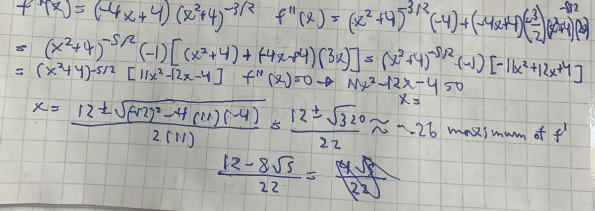fR)=(4り(2'v4) f"ce)= (e? ))-(4
(x44)()[(xかり)+Hサス)(3x)] ())+12x1]
s(x44)-5/2 [12ス-4] f" (2)50 Ny42ス-450
4x44)(x²4=3R
メs
メコ 12tJr2) u)) 320~26 mazj mum of p
2 (N)
22
12-853
マZJ
22
