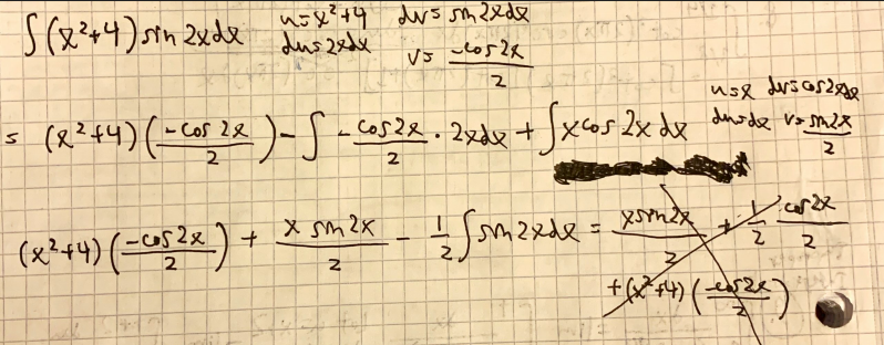 sin
12
(8?44) (-cos 2e)- ) - casze. 2xdx + |xos 2x dx dmode v> mex
2
2
x sm 2X
(x²4) (-us2«_) +
