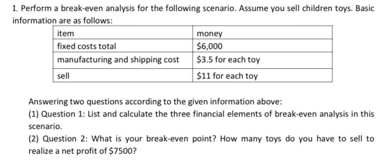 1. Perform a break-even analysis for the following scenario. Assume you sell children toys. Basic
information are as follows:
item
money
fixed costs total
$6,000
manufacturing and shipping cost
$3.5 for each toy
sell
$11 for each toy
Answering two questions according to the given information above:
(1) Question 1: List and calculate the three financial elements of break-even analysis in this
scenario.
(2) Question 2: What is your break-even point? How many toys do you have to sell to
realize a net profit of $7500?
