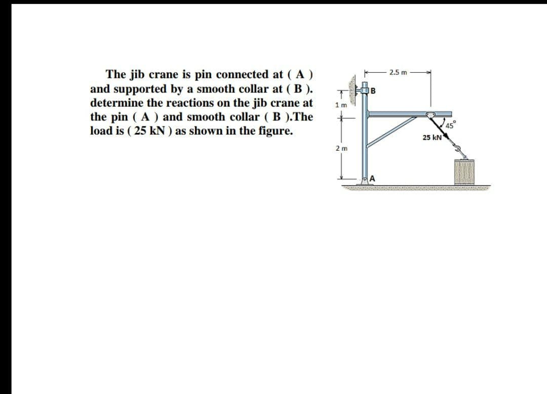 The jib crane is pin connected at ( A)
and supported by a smooth collar at ( B ).
determine the reactions on the jib crane at
the pin ( A ) and smooth collar ( B ).The
load is ( 25 kN ) as shown in the figure.
2.5 m
IB
1 m
45°
25 kN
2 m
