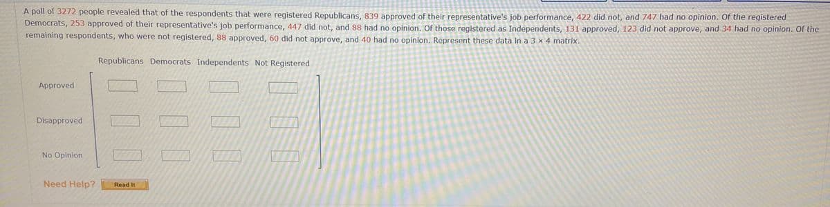 A poll of 3272 people revealed that of the respondents that were registered Republicans, 839 approved of their representative's job performance, 422 did not, and 747 had no opinion. Of the registered
Democrats, 253 approved of their representative's job performance, 447 did not, and 88 had no opinion. Of those registered as Independents, 131 approved, 123 did not approve, and 34 had no opinion. Of the
remaining respondents, who were not registered, 88 approved, 60 did not approve, and 40 had no opinion. Represent these data in a 3 × 4 matrix.
Republicans Democrats Independents Not Registered
Approved
Disapproved
No Opinion
Need Help?
Read It
