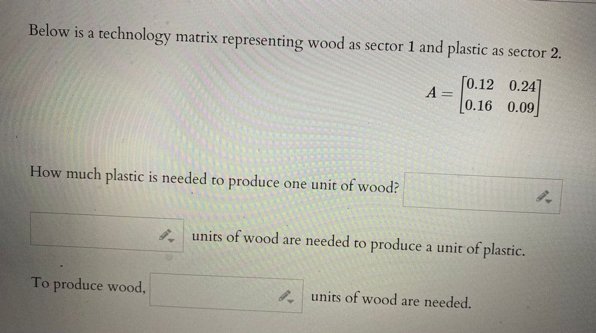 Below is a technology matrix representing wood as sector 1 and plastic as sector 2.
[0.12 0.24
A
0.16 0.09
=
龍
How much plastic is needed to produce one unit of wood?
units of wood are needed to produce a unit of plastic.
To produce wood,
A units of wood are needed.
