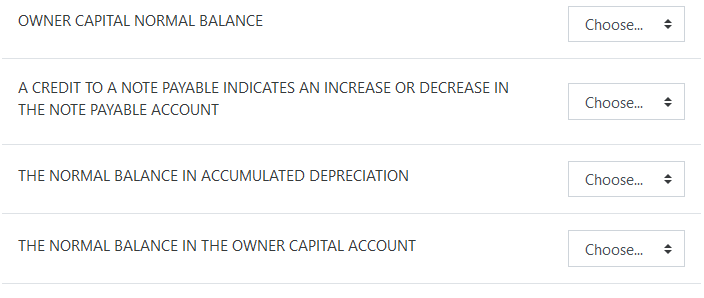OWNER CAPITAL NORMAL BALANCE
Choose.
A CREDIT TO A NOTE PAYABLE INDICATES AN INCREASE OR DECREASE IN
Choose.
THE NOTE PAYABLE ACCOUNT
THE NORMAL BALANCE IN ACCUMULATED DEPRECIATION
Choose.
THE NORMAL BALANCE IN THE OWNER CAPITAL ACCOUNT
Choose.
