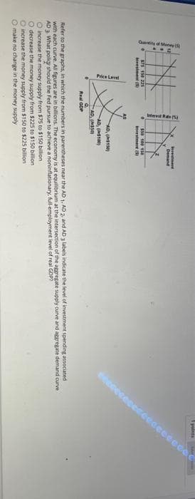 Price Laval
ececce
points
vestmet
Demand
$50 108 154
stment (S
375 15e 225
Imvestment (
AD, s1s0)
AD, (NSt00)
AD, (SS
Real GDP
Refer to the graphs, in which the numbers in parentheses near the AD 1. AD 2, and AD 3 labels indicate the level of investment spending associated
with each curve. All figures are in billions. The economy is at equilibrium at the intersection of the aggregate supply curve and aggregate demand curve
AD 3. What poligy should the Fed pursue to achieve a noninflationary, full-employment level of real GDP?
O increase the money supply from $75 to $150 biltion
O decrease the money supply from $225 to $150 billion
O increase the money supply from $150 to $225 billion
O make no change in the money supply
