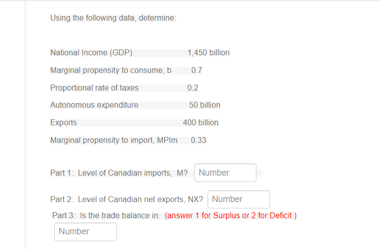 Using the following data, determine:
National Income (GDP)
1,450 billion
Marginal propensity to consume, b
0.7
Proportional rate of taxes
0.2
Autonomous expenditure
50 billion
Exports
400 billion
Marginal propensity to import, MPIM
0.33
Part 1: Level of Canadian imports, M? Number
Part 2: Level of Canadian net exports, NX? Number
Part 3: Is the trade balance in: (answer 1 for Surplus or 2 for Deficit )
Number
