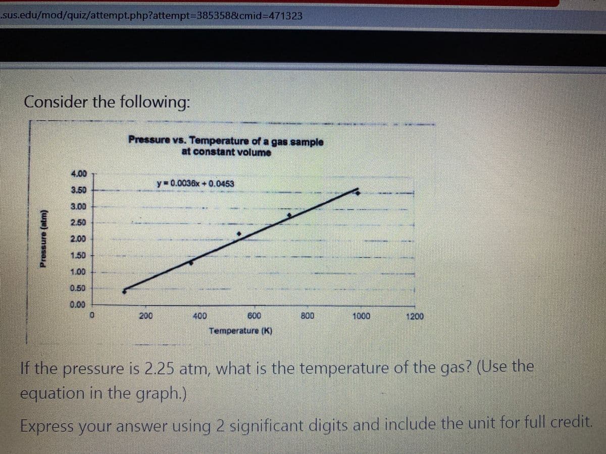 sus.edu/mod/quiz/attempt.php?attempt=385358&cmid%3D471323
Consider the following:
Pressure vs. Temperature of a gas sample
at constant volume
4,00
y-0.0036x +0.0453
3.50
3.00
2.50
2.00
1.50
1.00
0.50
0.00
200
400
600
800
1000
1200
Temperature (K)
If the pressure is 2.25 atm, what is the temperature of the gas? (Use the
equation in the graph.)
Express your answer using 2 significant digits and include the unit for full credit.
