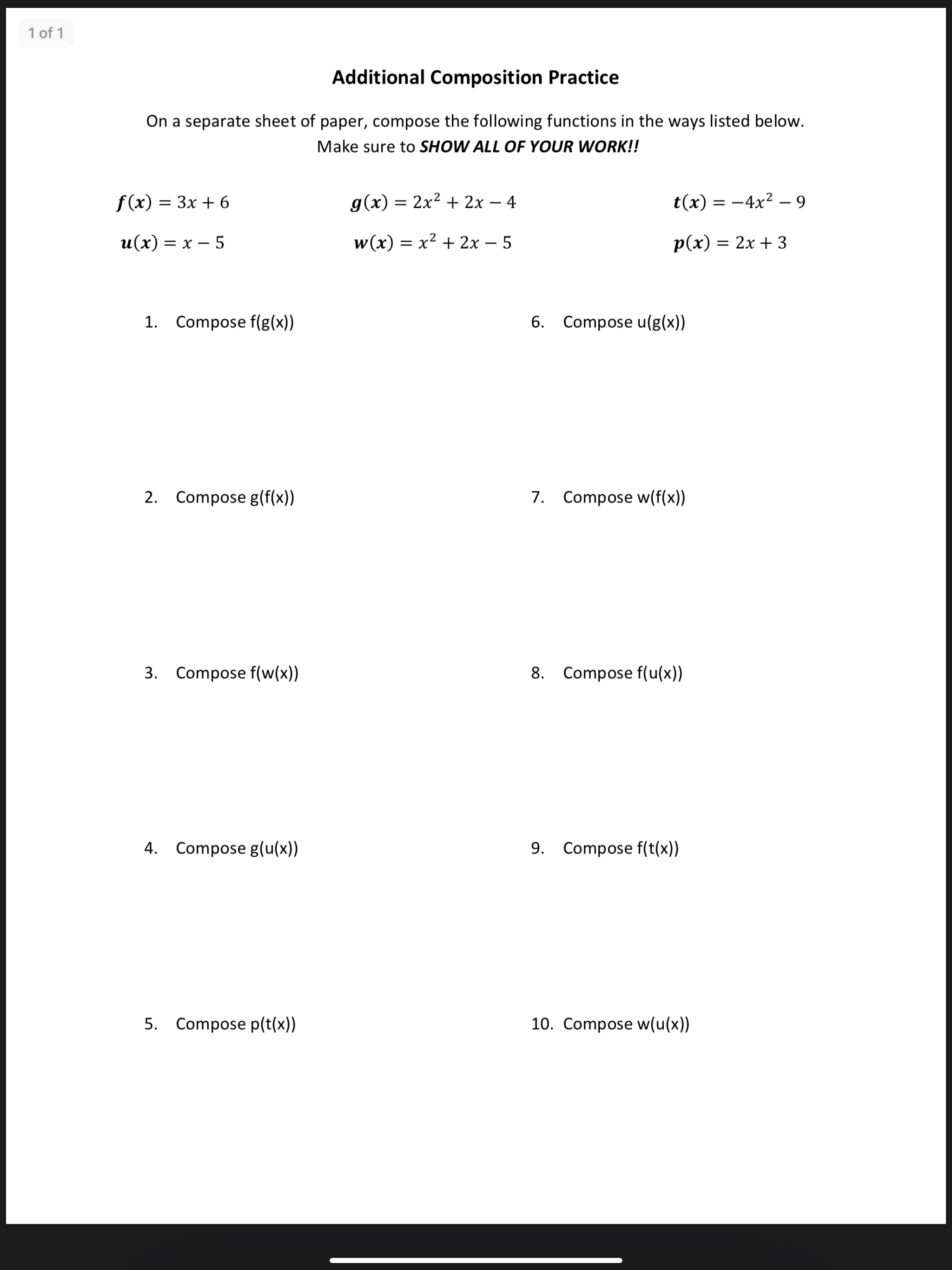 f(x) = 3x + 6
g(x) :
= 2x2 + 2x – 4
t(x) = -4x² – 9
и(x) — х — 5
w(x) = x² + 2x – 5
p(x) = 2x + 3
1. Compose f(g(x))
6. Compose u(g(x))
