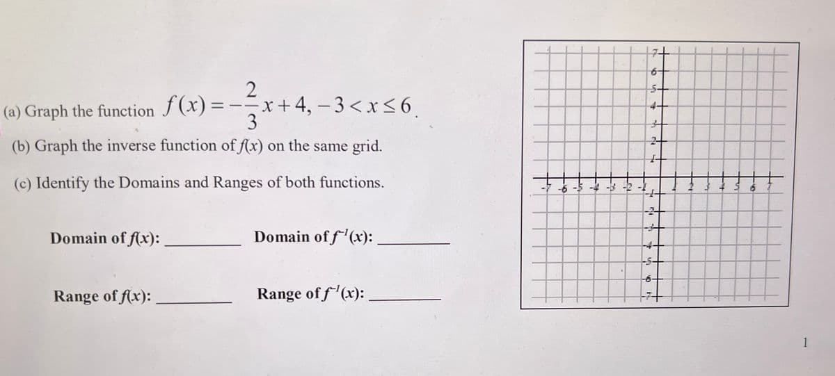 (a) Graph the function f(x)=
x +4, -3 < x≤6.
3
(b) Graph the inverse function of f(x) on the same grid.
(c) Identify the Domains and Ranges of both functions.
Domain of f(x):
2
Range of f(x):
Domain of f¹(x):
Range of f¹(x):
-+
7
5-
4-
4
U
-6
21
r
2
N
T
1