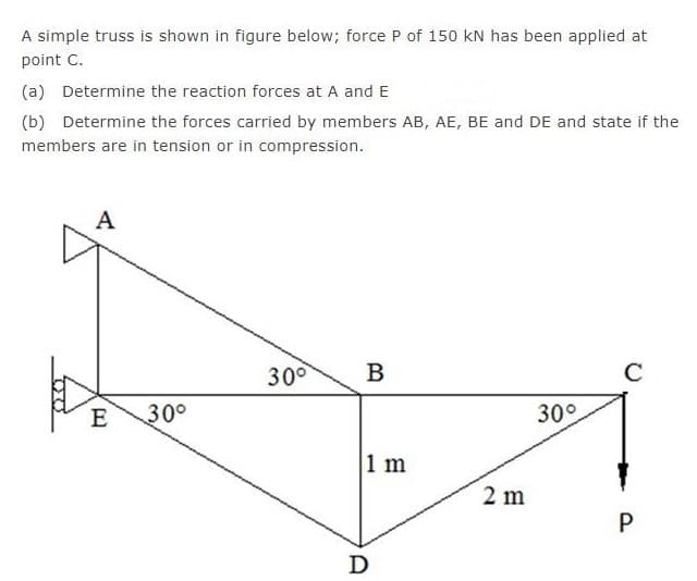 A simple truss is shown in figure below; force P of 150 kN has been applied at
point C.
(a) Determine the reaction forces at A and E
(b) Determine the forces carried by members AB, AE, BE and DE and state if the
members are in tension or in compression.
A
30°
В
C
E
30°
30°
1 m
2 m
D
