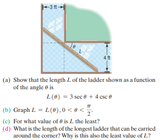 +3 ft
4 ft
(a) Show that the length L of the ladder shown as a function
of the angle 0 is
L(0) = 3 sec 0 + 4 csc 0
(b) Graph L = L(0),0 < 0 <
(c) For what value of 0 is L the least?
(d) What is the length of the longest ladder that can be carried
around the corner? Why is this also the least value of L?
2
